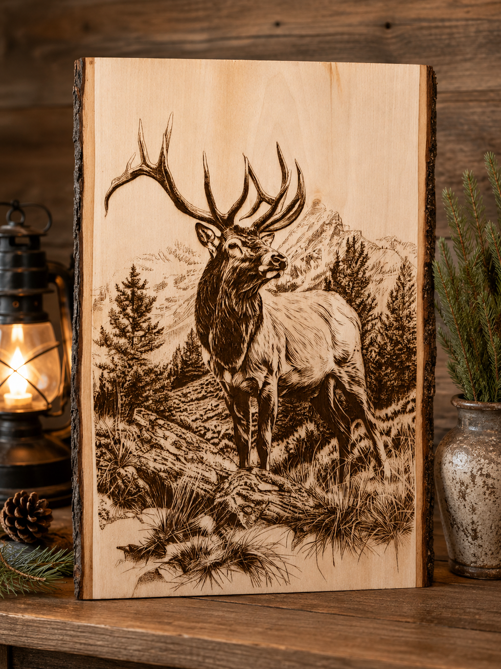 Bull Elk Engraved Wood Plank | Rustic Wildlife Wall Art