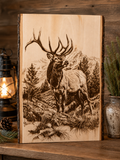 Bull Elk Engraved Wood Plank | Rustic Wildlife Wall Art