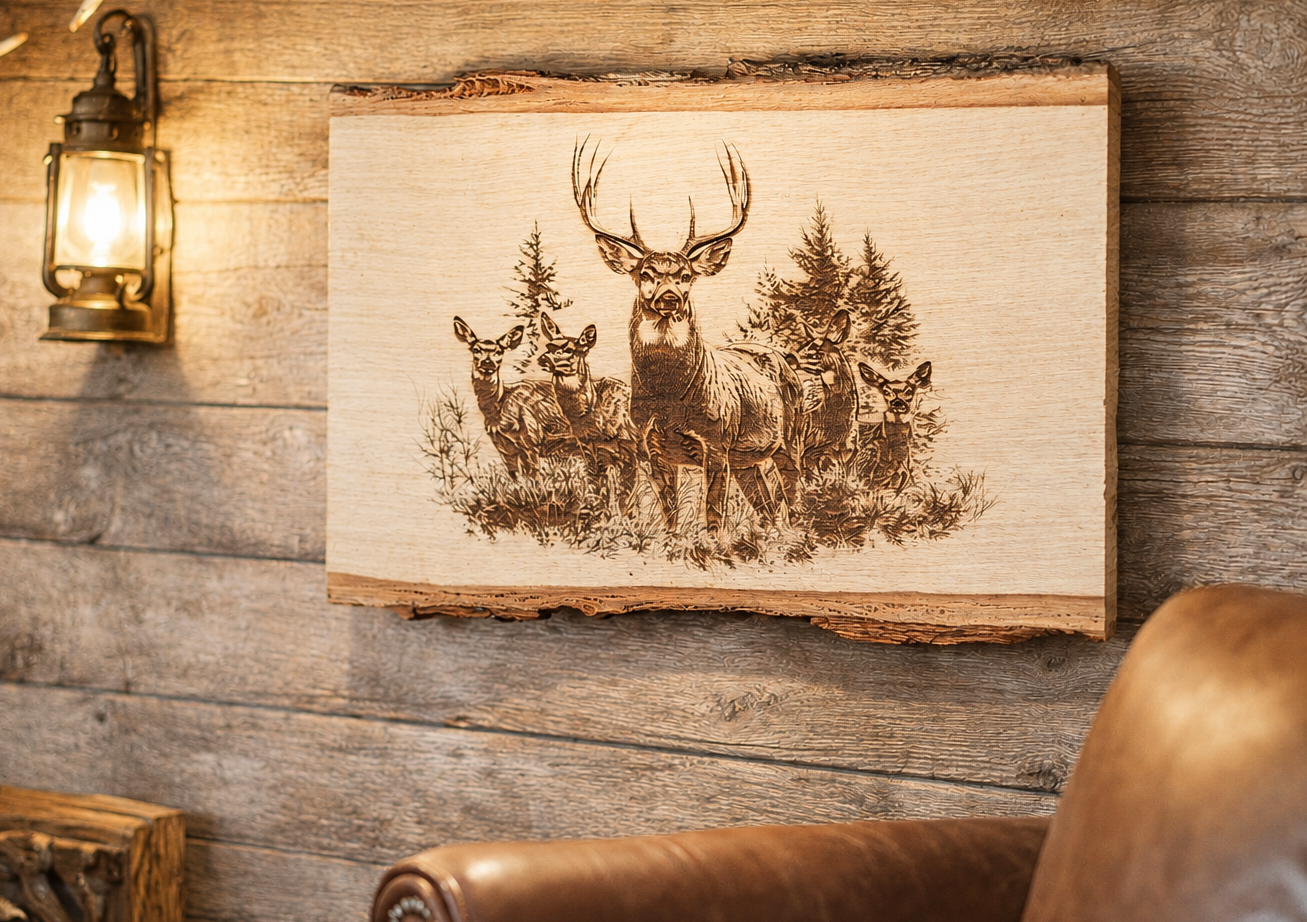 Deer Family Engraved Wood Plank | Rustic Wildlife Wall Art