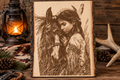 Native American Woman & Horse Engraved Wood Plank | Western Rustic Wall Art