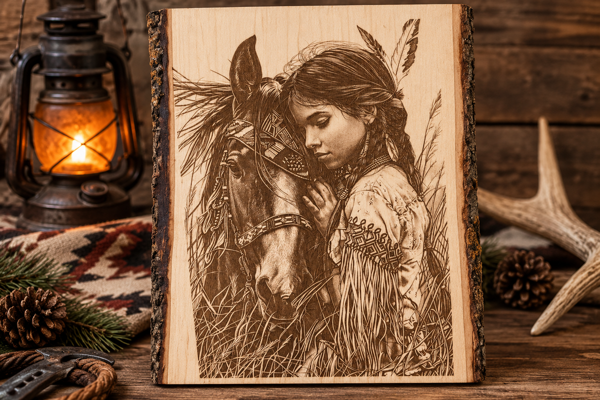 Native American Woman & Horse Engraved Wood Plank | Western Rustic Wall Art