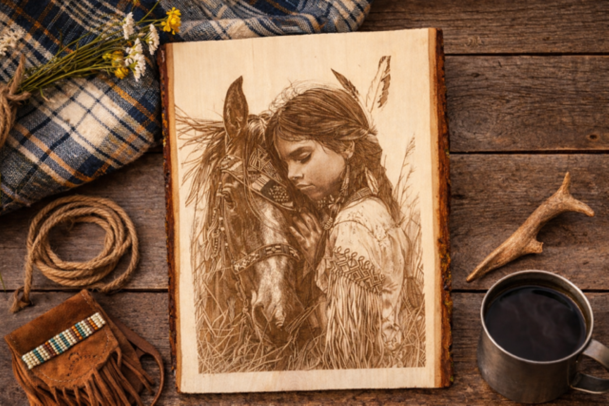Native American Woman & Horse Engraved Wood Plank | Western Rustic Wall Art