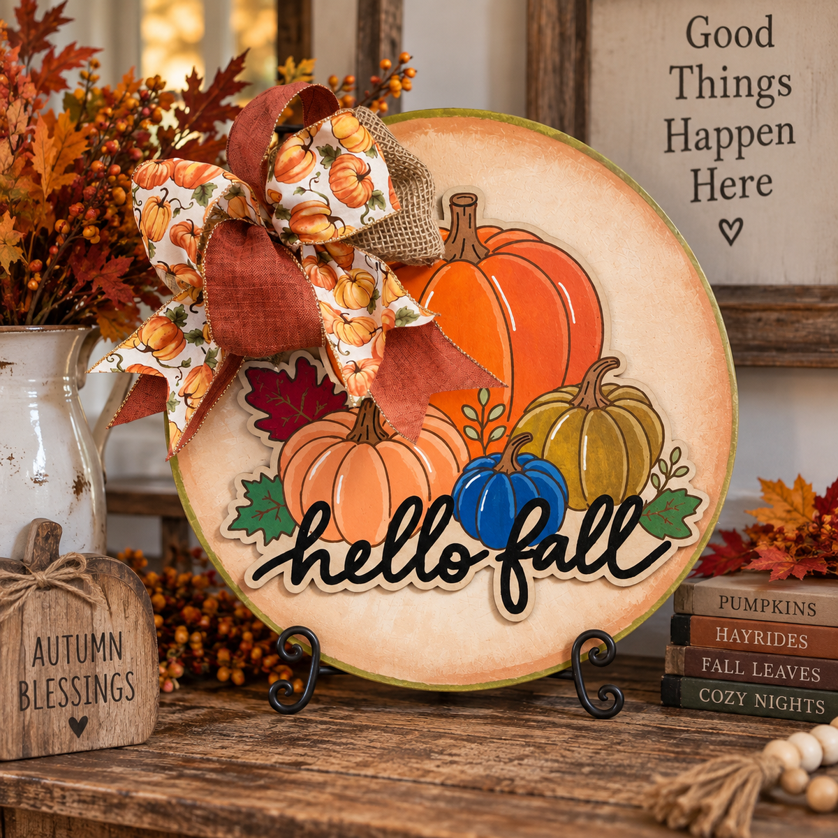 Hello Fall Pumpkin Wood Sign | Rustic Autumn Door & Home Decor
