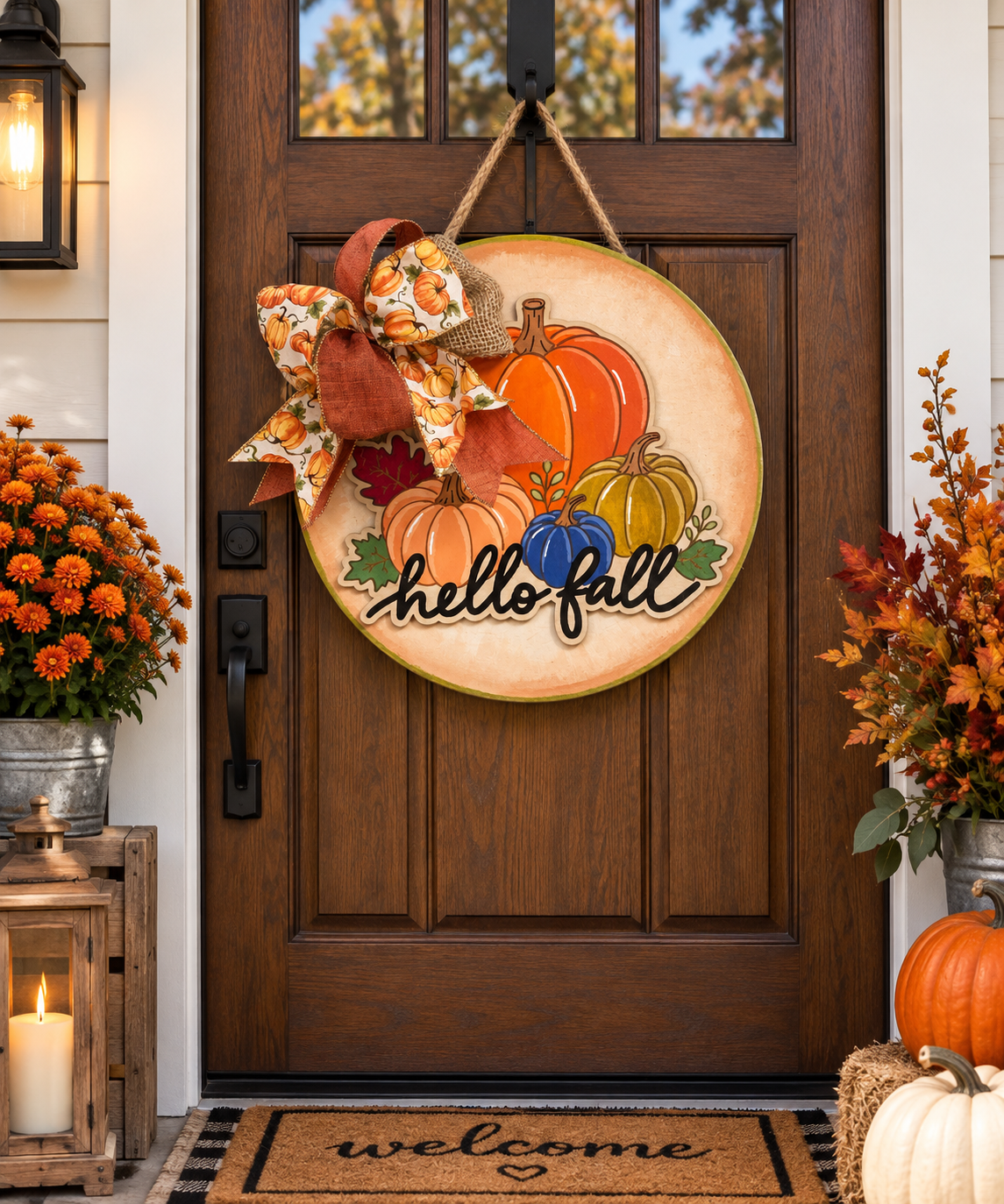 Hello Fall Pumpkin Wood Sign | Rustic Autumn Door & Home Decor