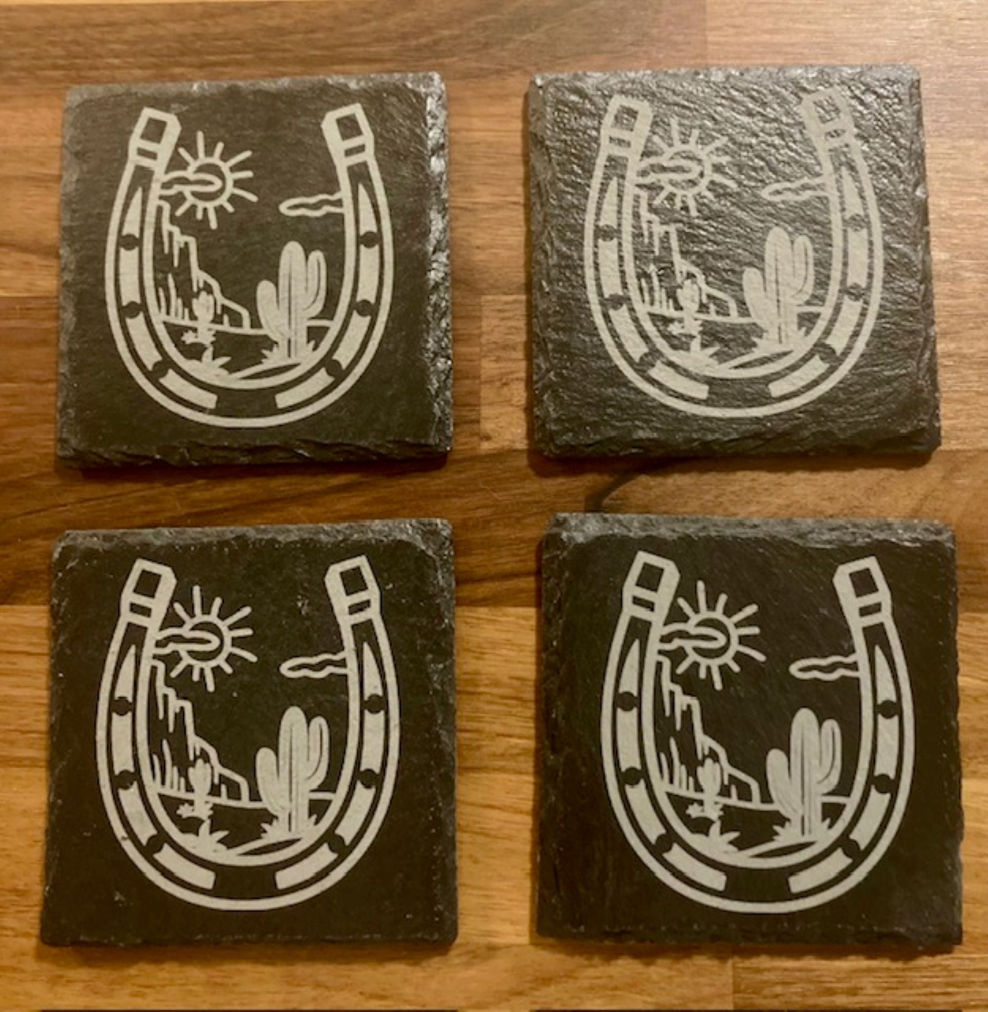 Horseshoe & Cactus Engraved Slate Coasters | Rustic Western Drinkware
