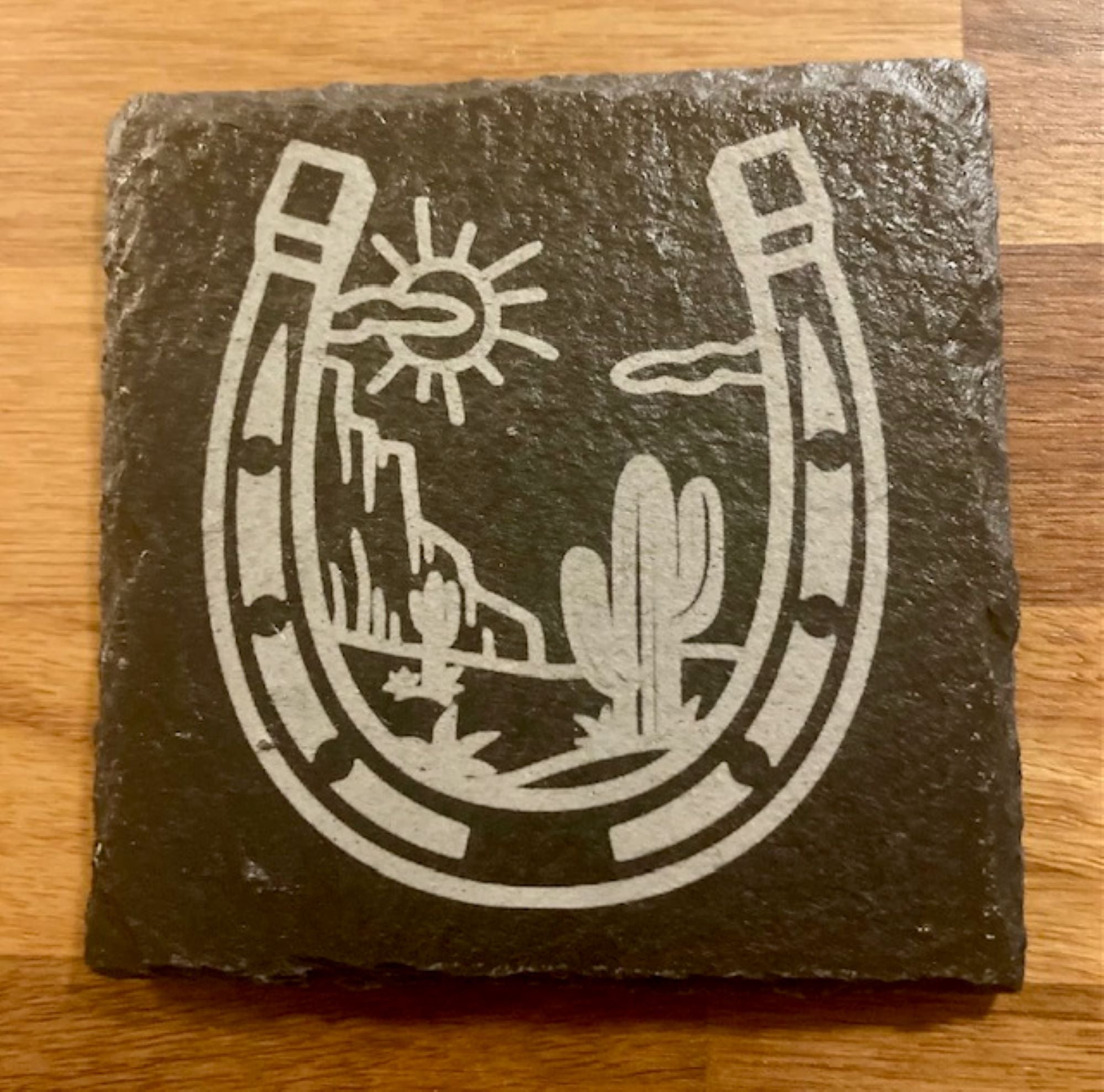Horseshoe & Cactus Engraved Slate Coasters | Rustic Western Drinkware