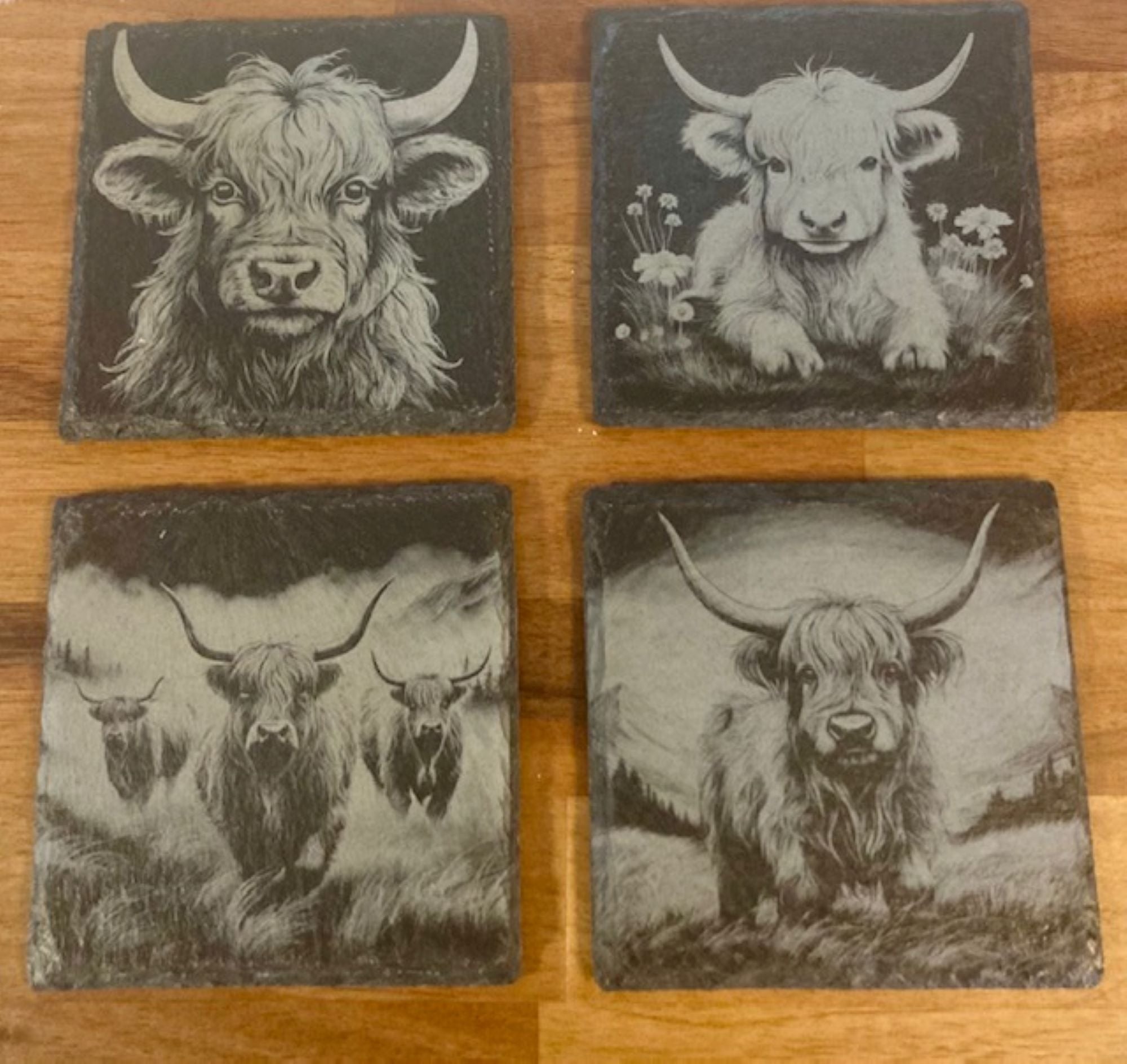 Highland Cow Engraved Slate Coasters | Rustic Farmhouse Drinkware