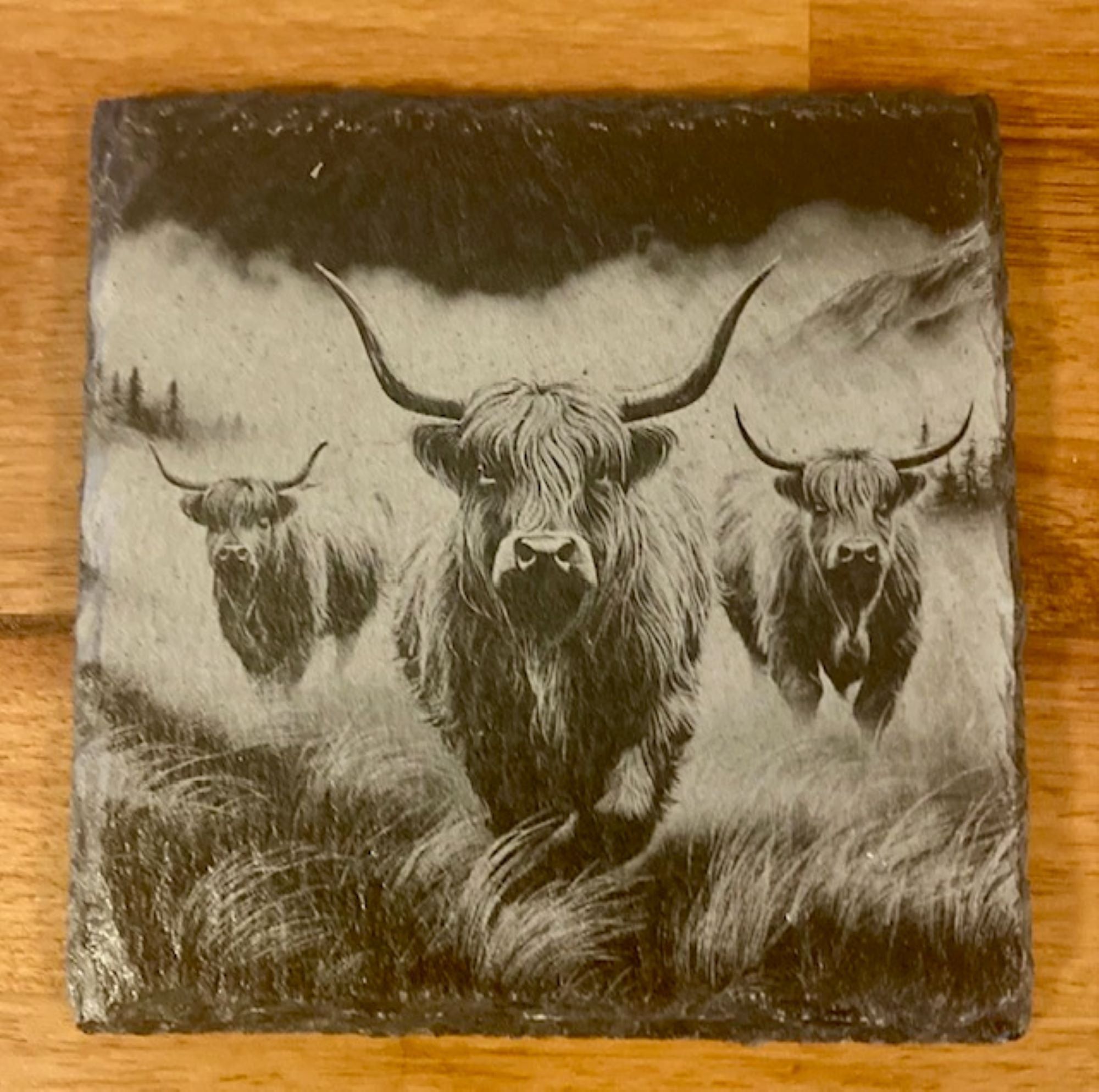 Highland Cow Engraved Slate Coasters | Rustic Farmhouse Drinkware