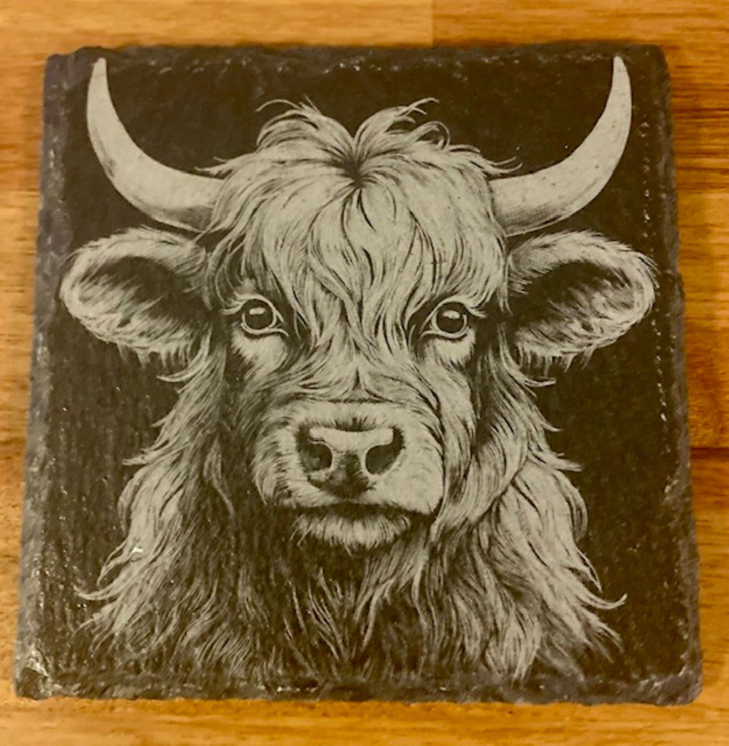 Highland Cow Engraved Slate Coasters | Rustic Farmhouse Drinkware