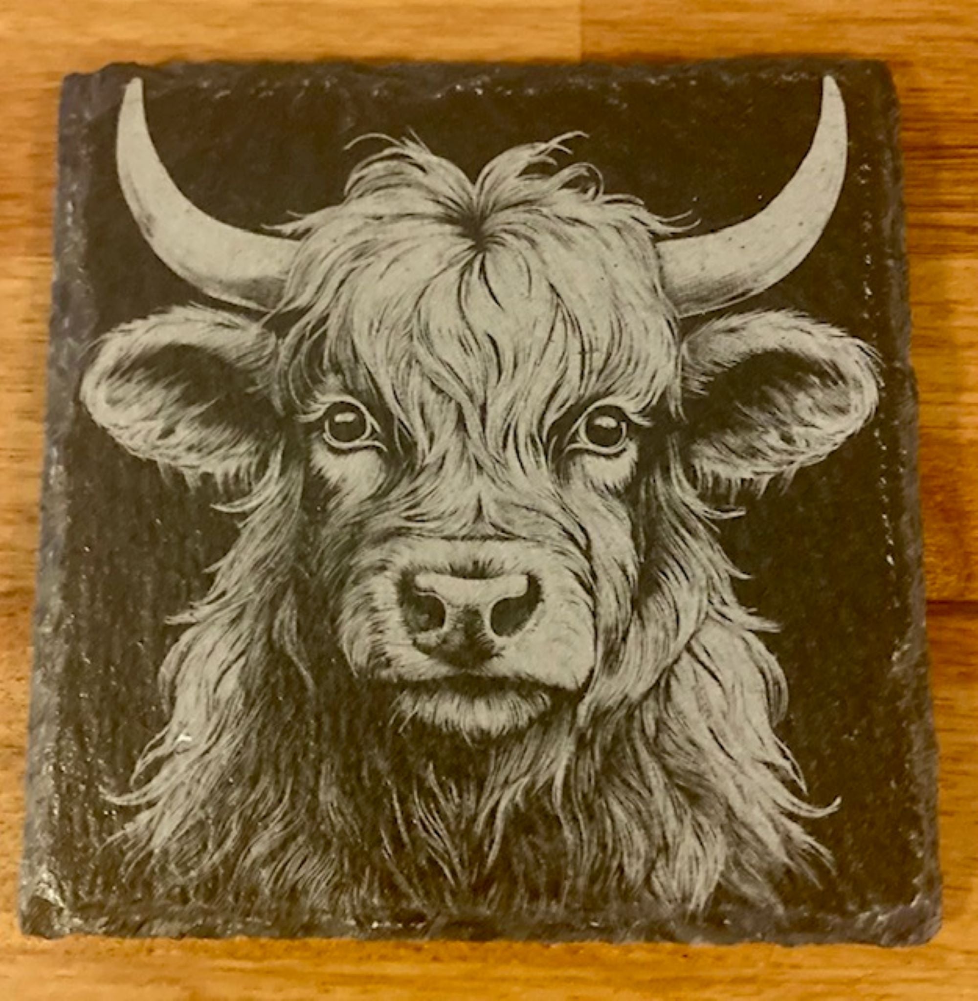 Highland Cow Engraved Slate Coasters | Rustic Farmhouse Drinkware