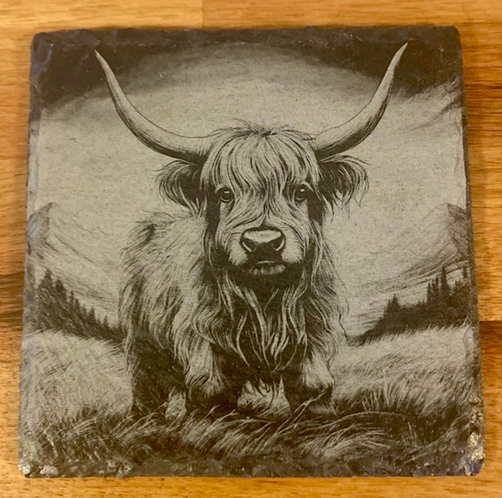 Highland Cow Engraved Slate Coasters | Rustic Farmhouse Drinkware