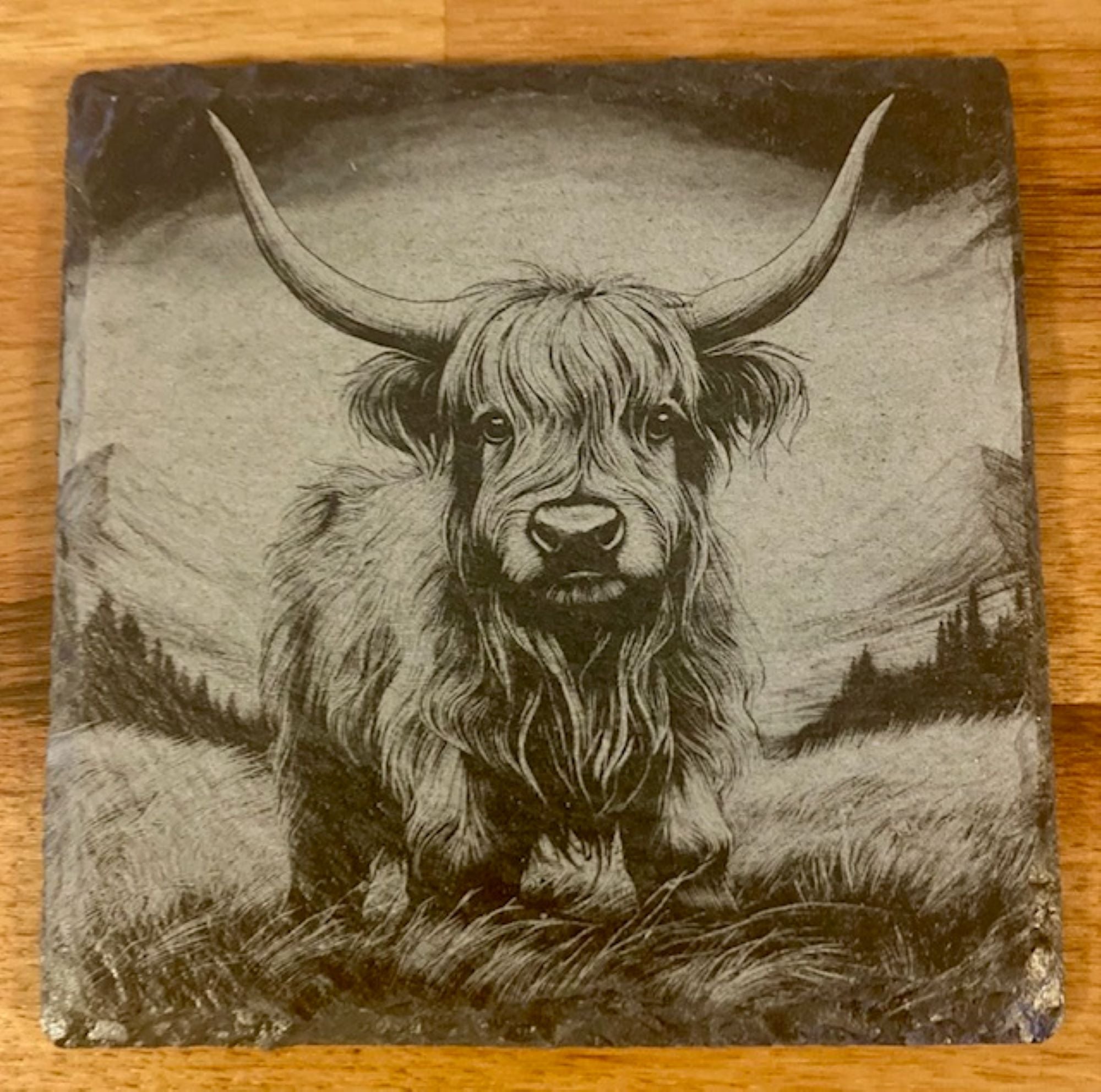 Highland Cow Engraved Slate Coasters | Rustic Farmhouse Drinkware