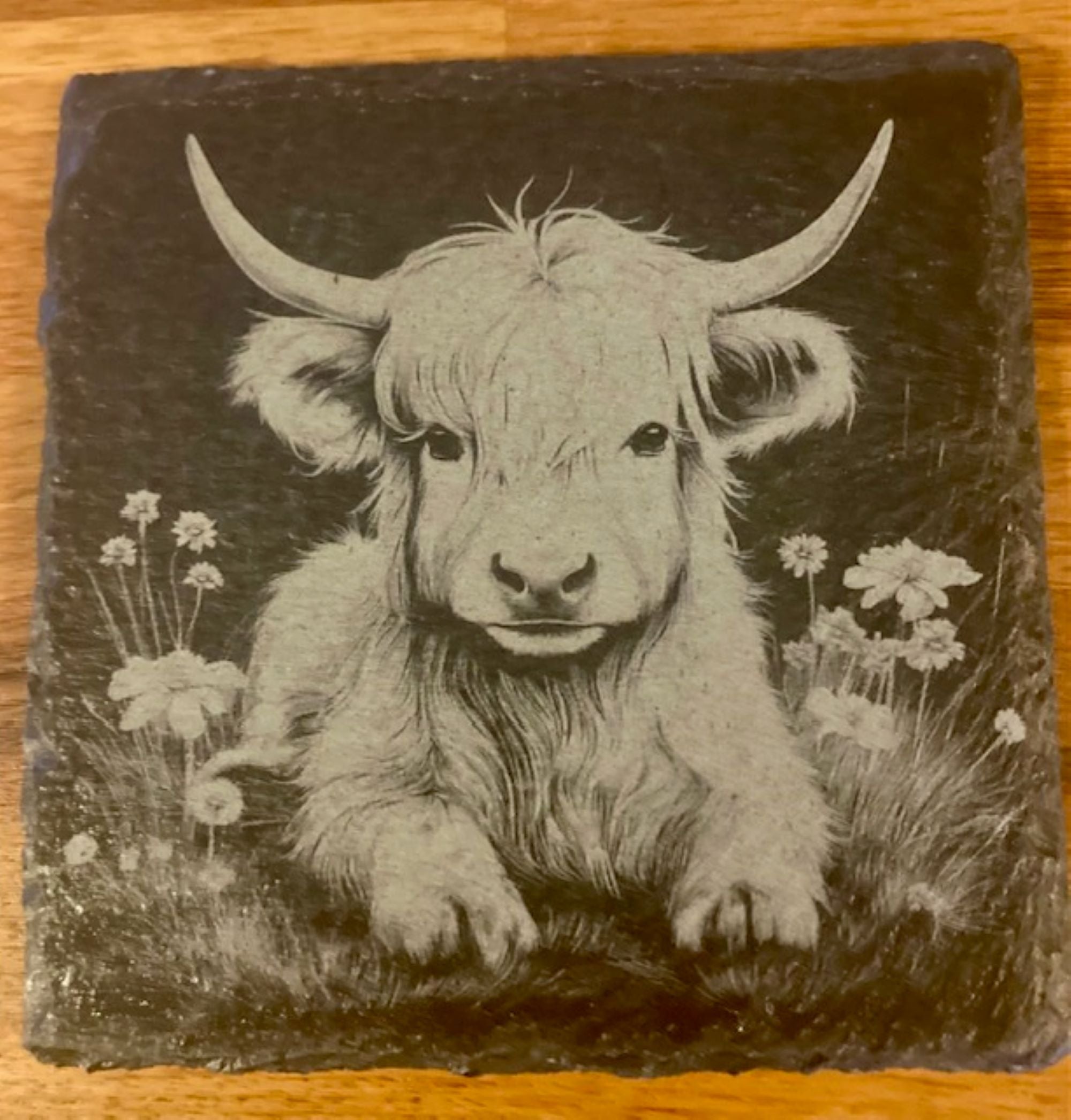 Highland Cow Engraved Slate Coasters | Rustic Farmhouse Drinkware