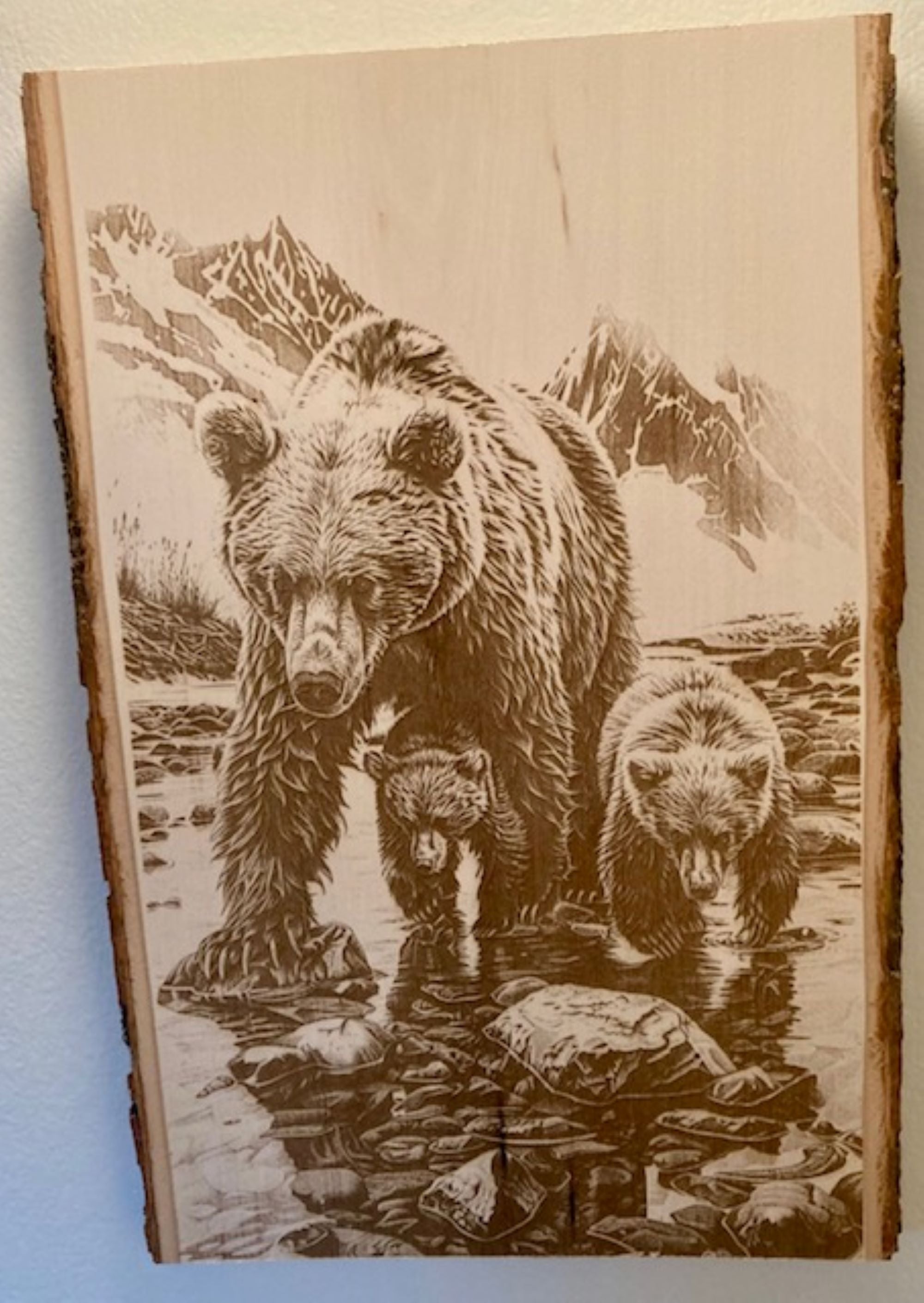 Bear Family Engraved Wood Plank | Rustic Wildlife Wall Art
