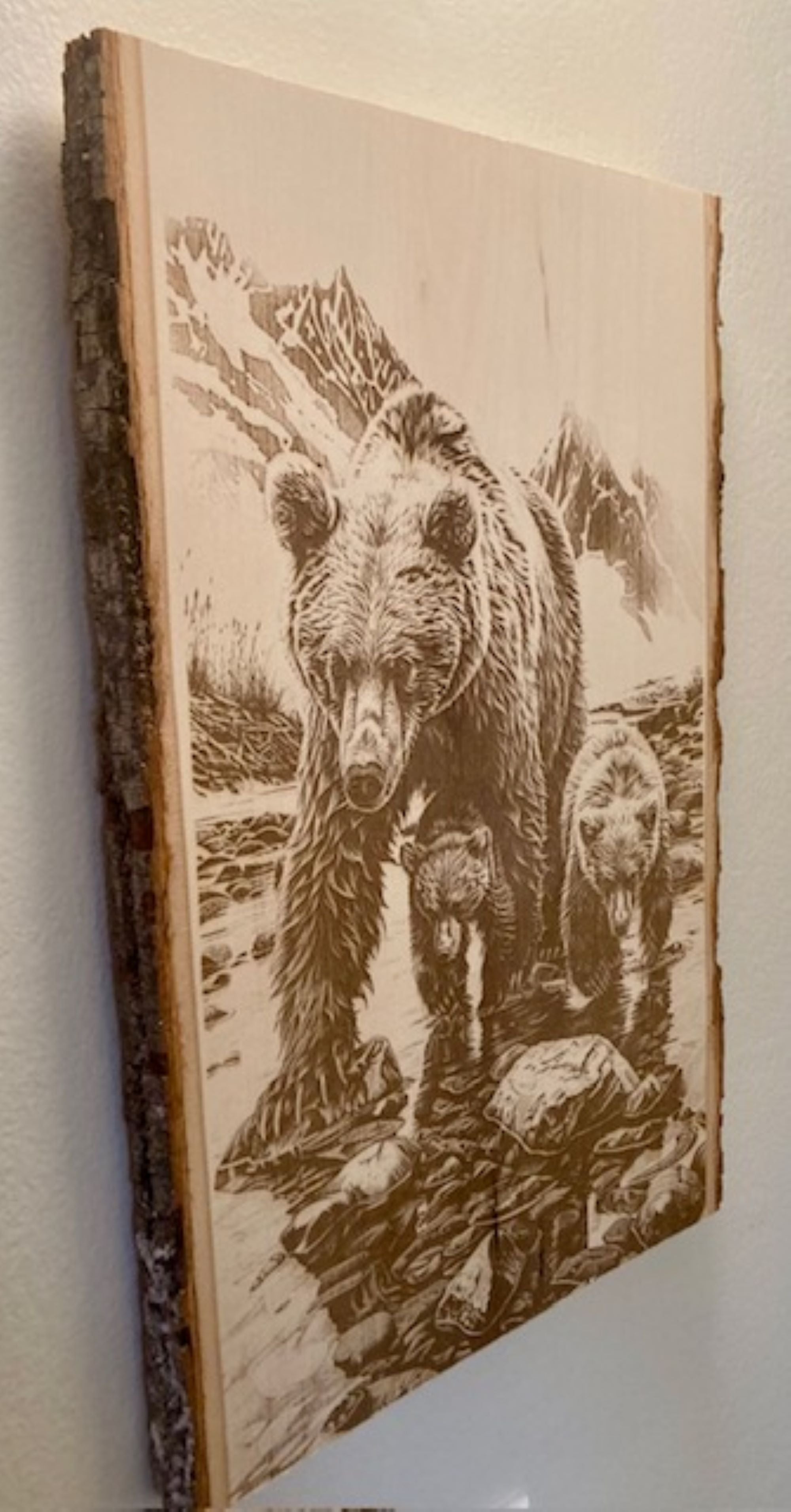 Bear Family Engraved Wood Plank | Rustic Wildlife Wall Art