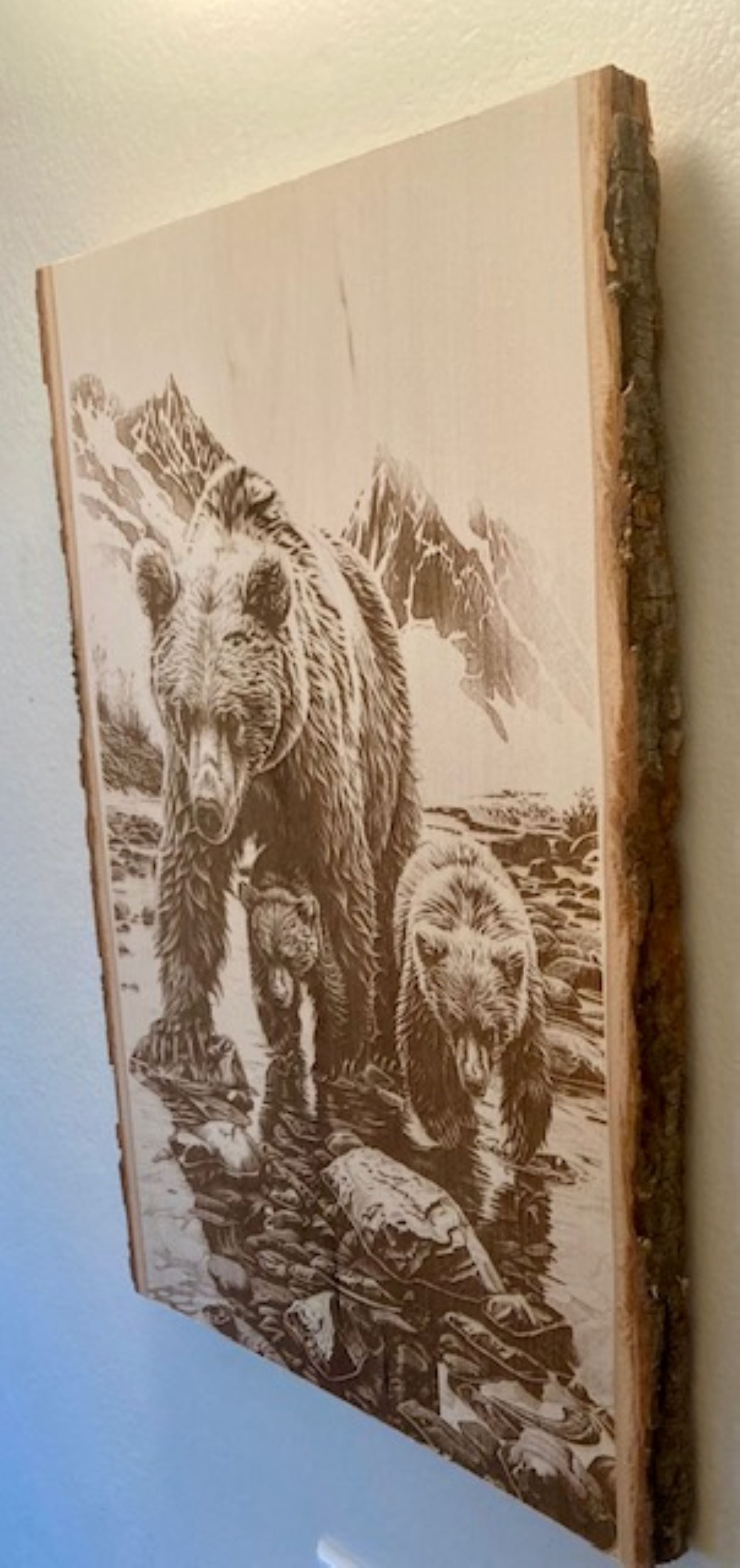 Bear Family Engraved Wood Plank | Rustic Wildlife Wall Art