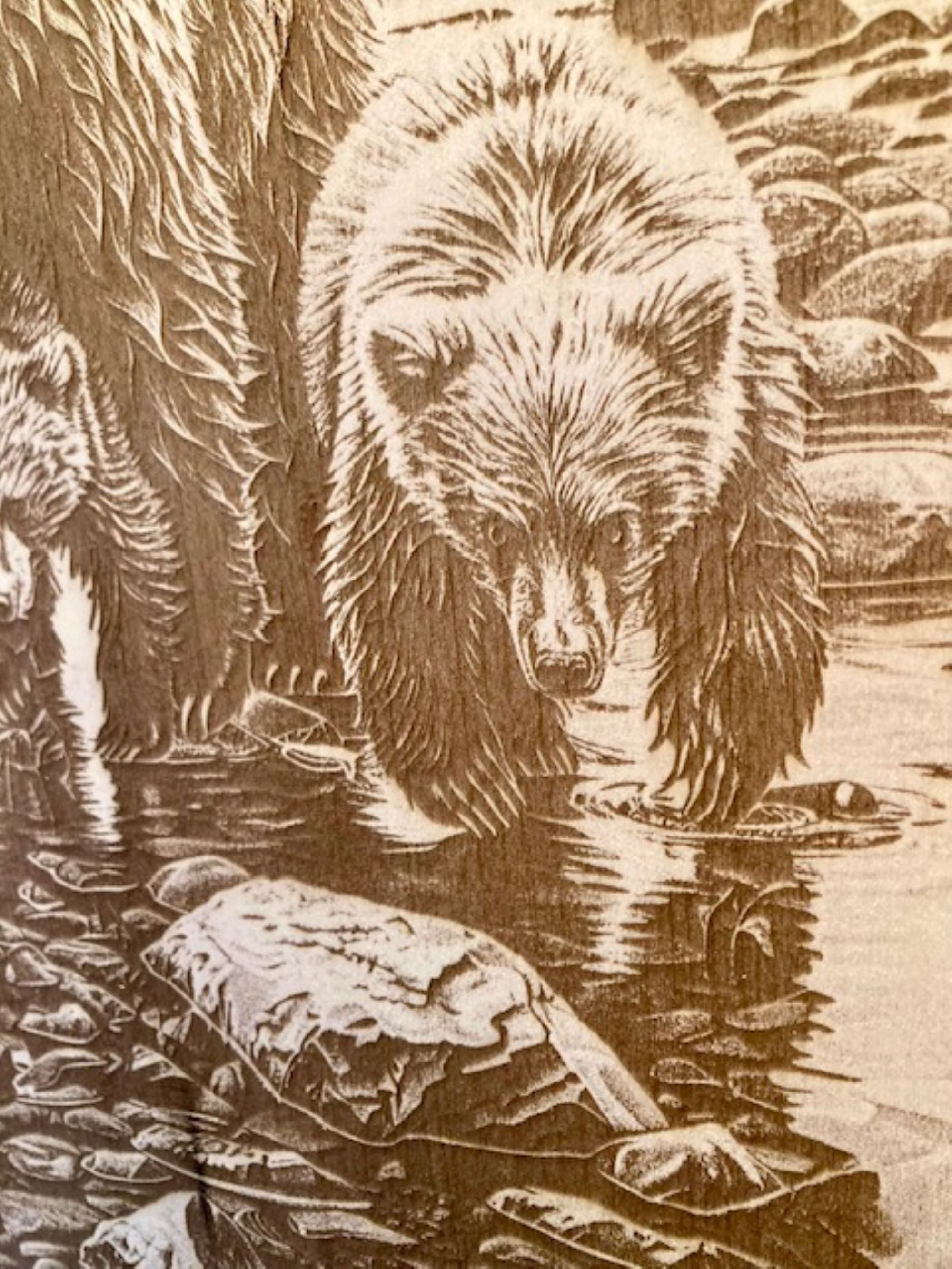 Bear Family Engraved Wood Plank | Rustic Wildlife Wall Art