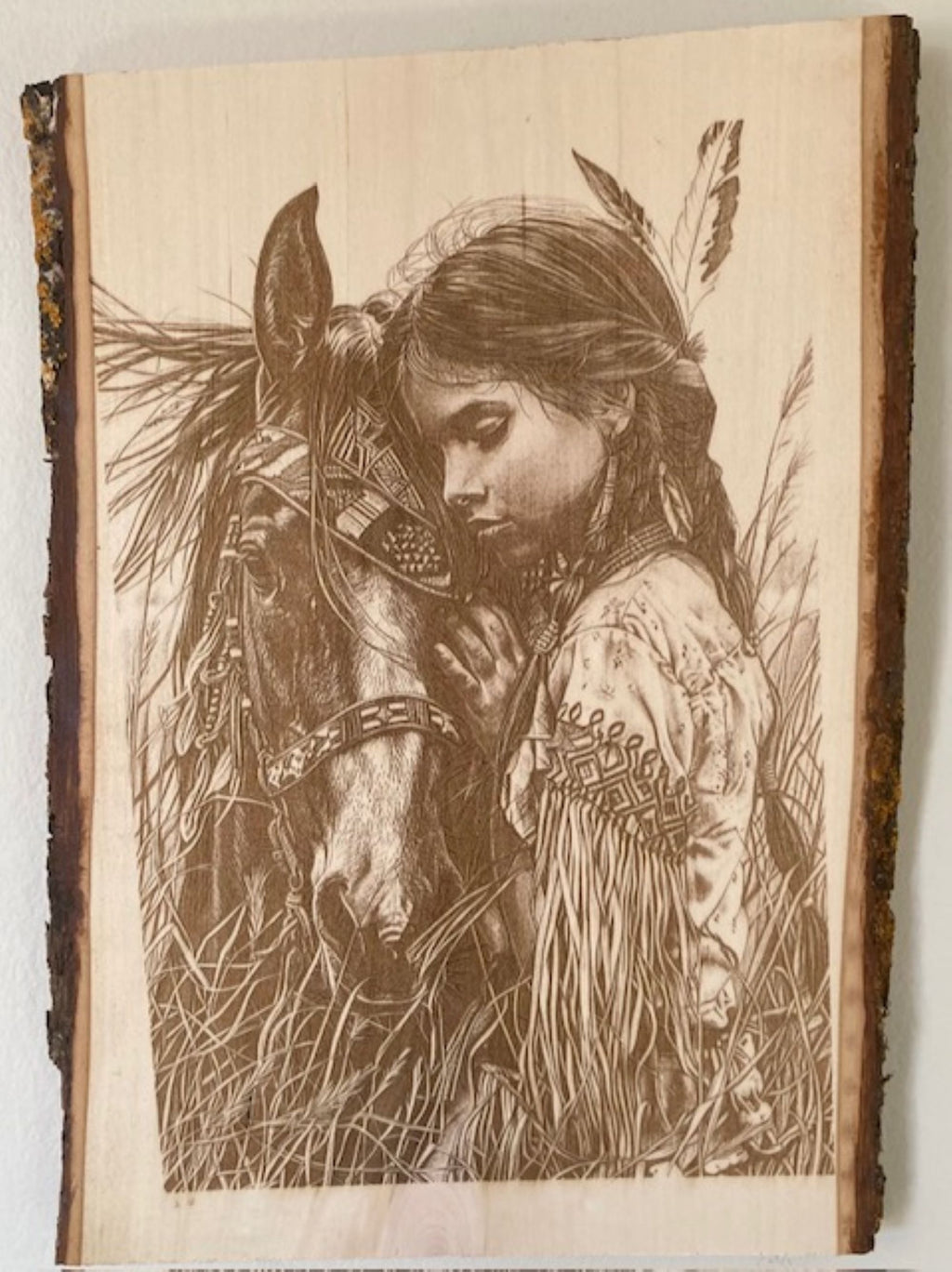 Native American Woman & Horse Engraved Wood Plank | Western Rustic Wall Art