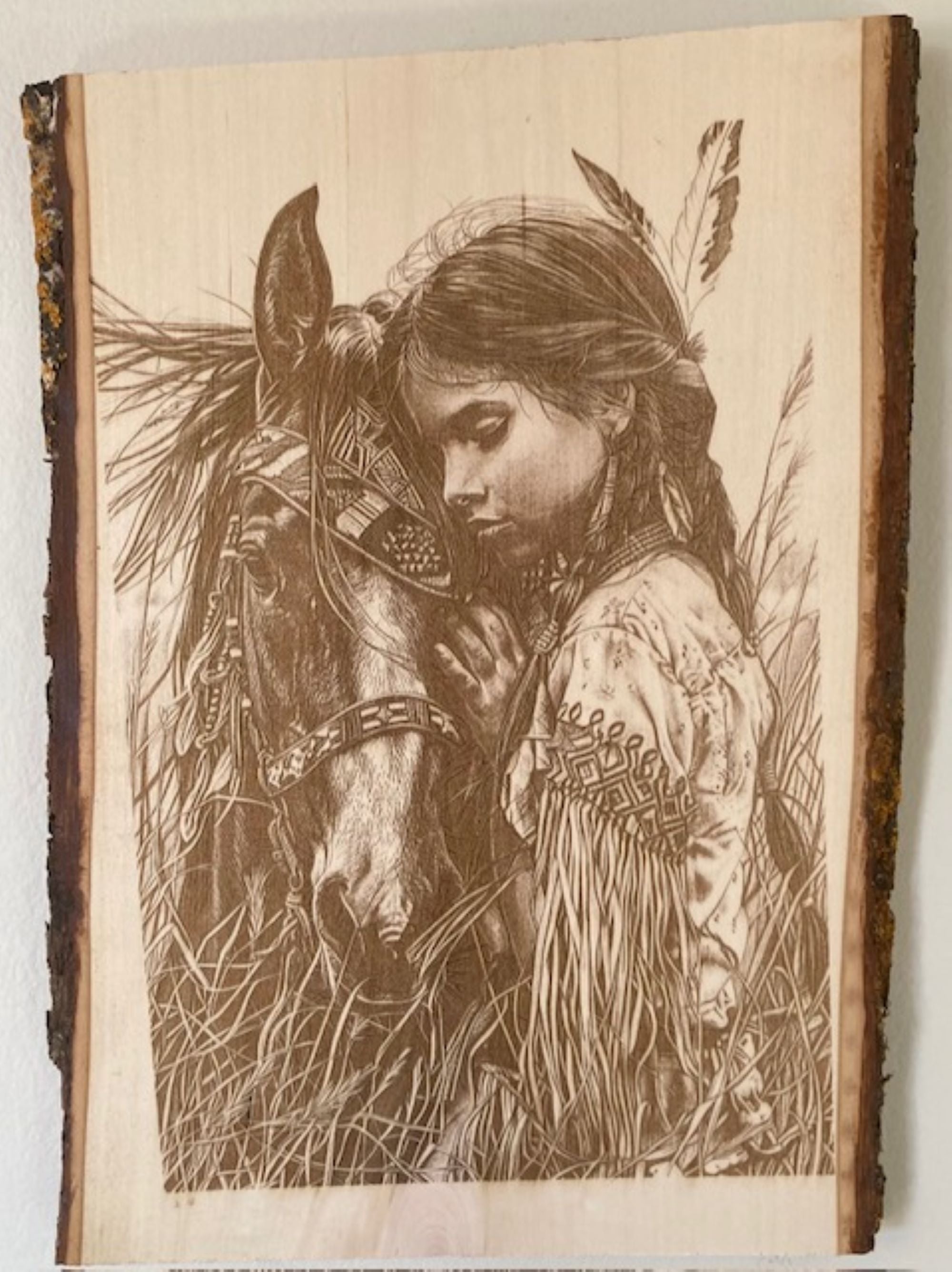 Native American Woman & Horse Engraved Wood Plank | Western Rustic Wall Art