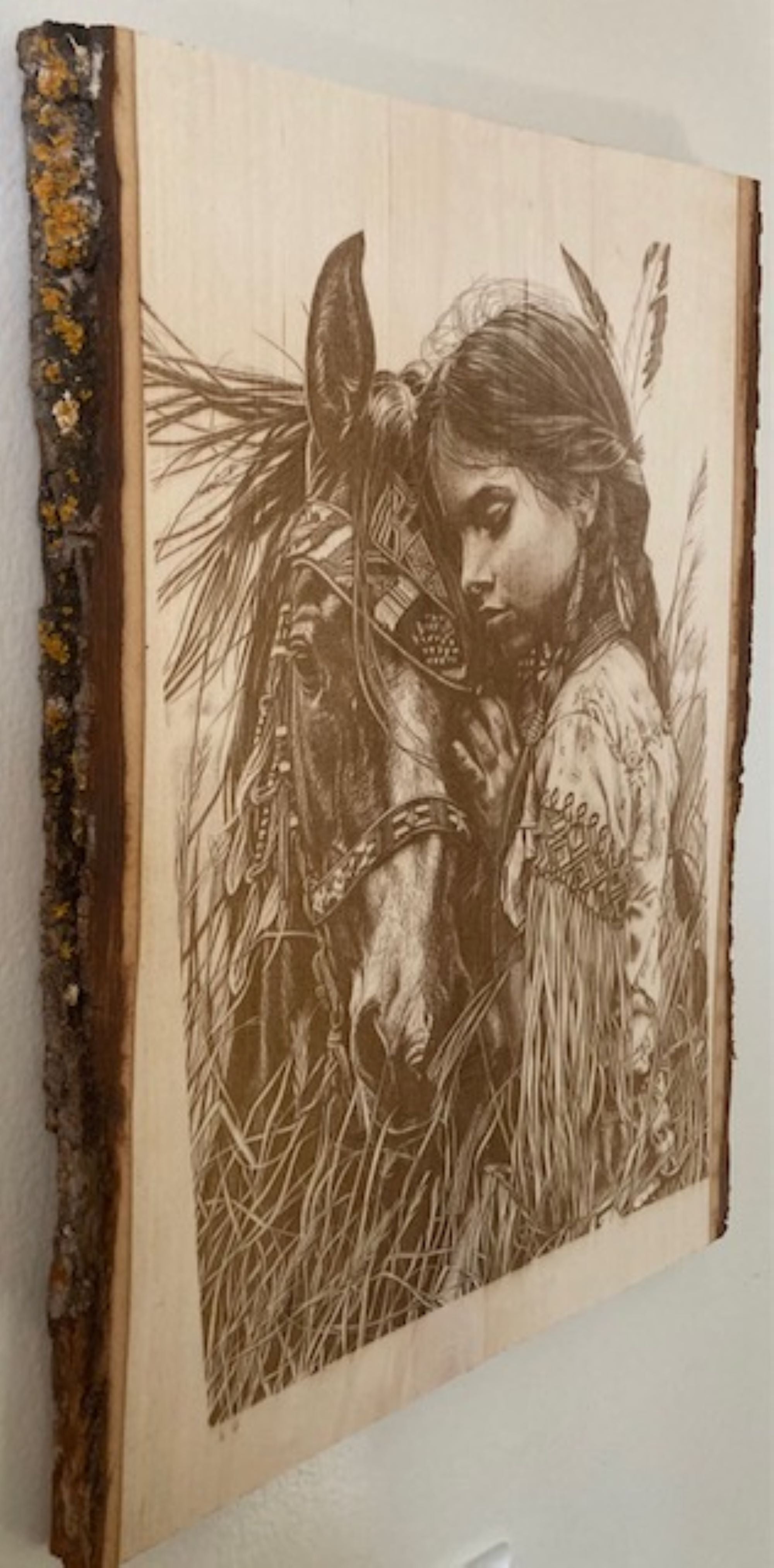 Native American Woman & Horse Engraved Wood Plank | Western Rustic Wall Art