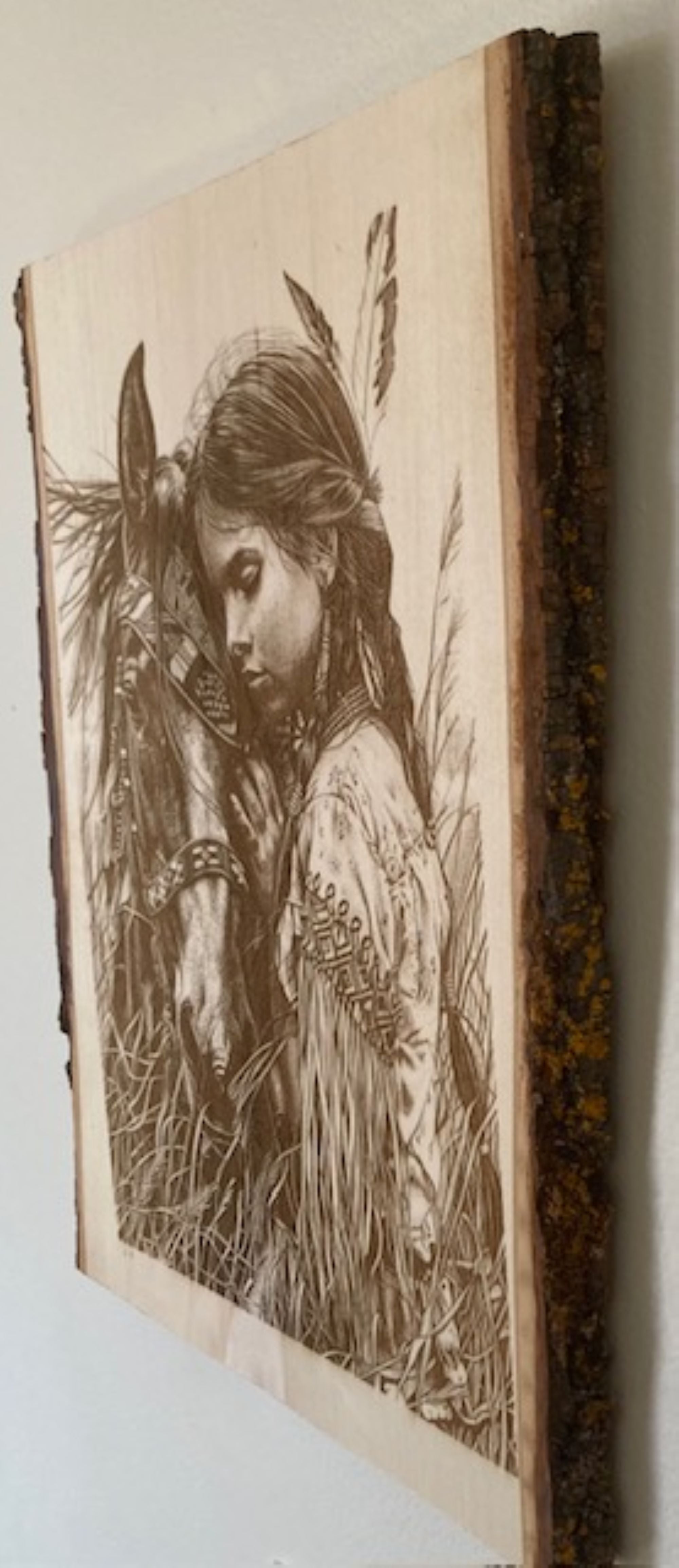 Native American Woman & Horse Engraved Wood Plank | Western Rustic Wall Art