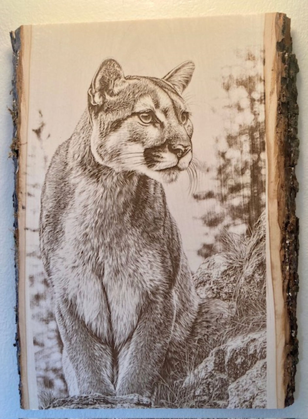 Mountain Lion Engraved Wood Plank | Rustic Wildlife Wall Art