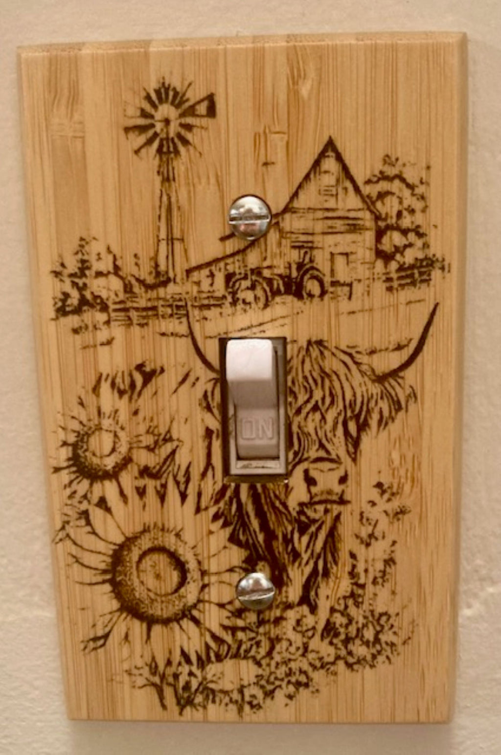 Engraved Farmhouse Light Switch Cover | Rustic Longhorn & Barn Wood Switch Plate