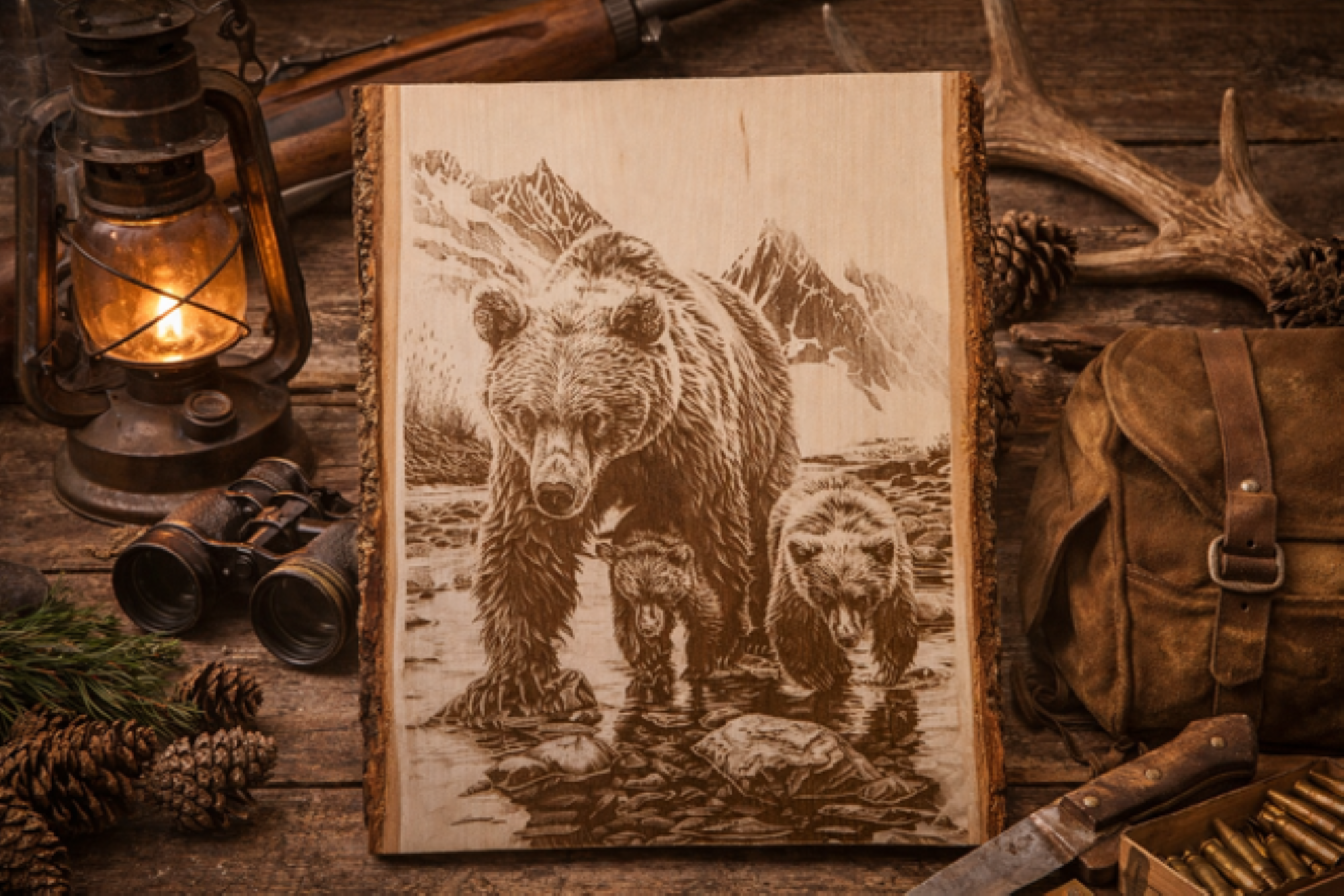 Bear Family Engraved Wood Plank | Rustic Wildlife Wall Art