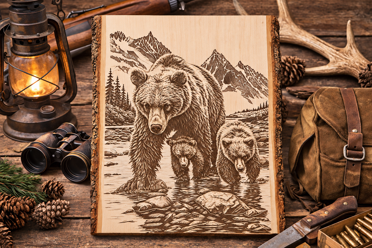 Bear Family Engraved Wood Plank | Rustic Wildlife Wall Art