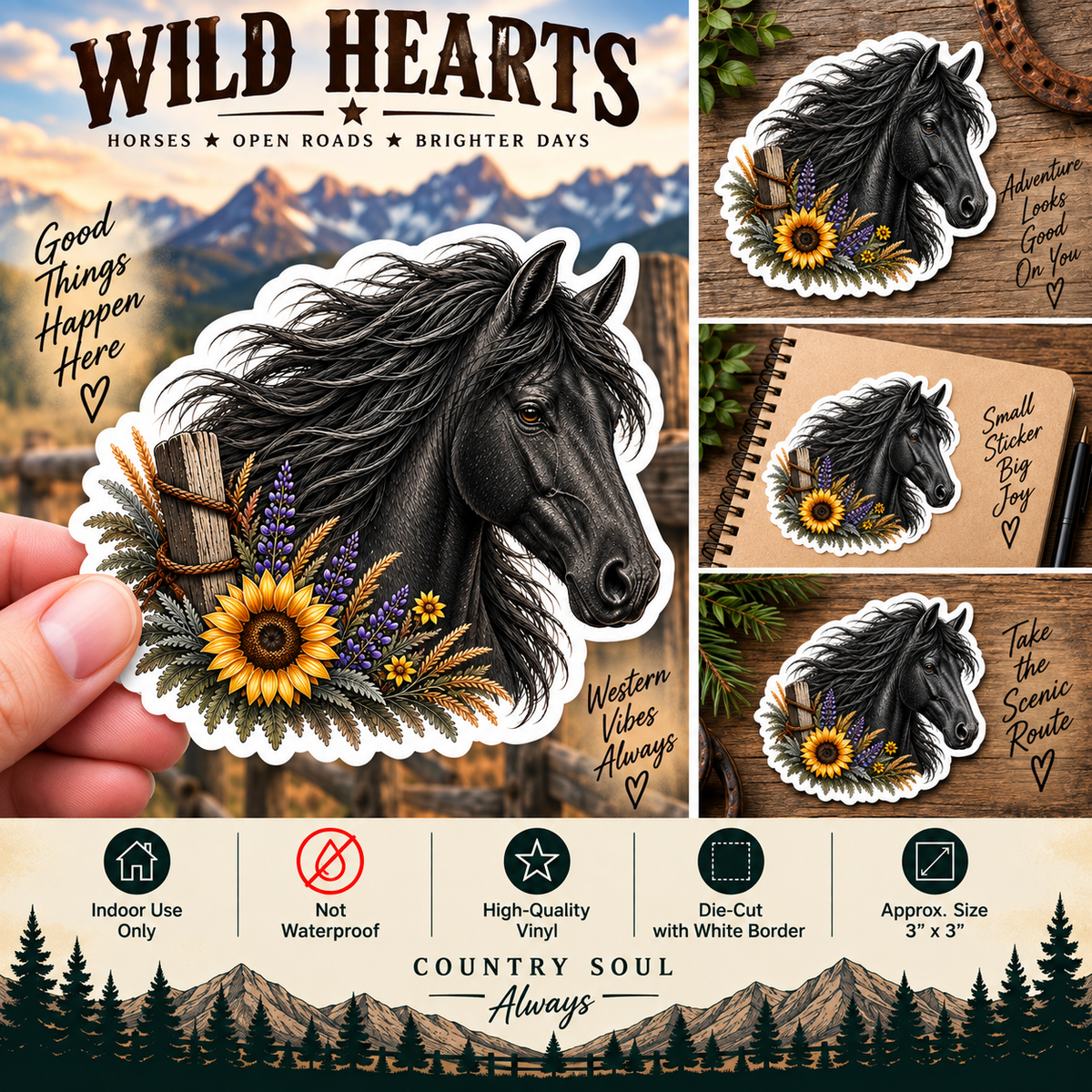 Black Horse Sticker | Black Horse & Wildflower Sticker