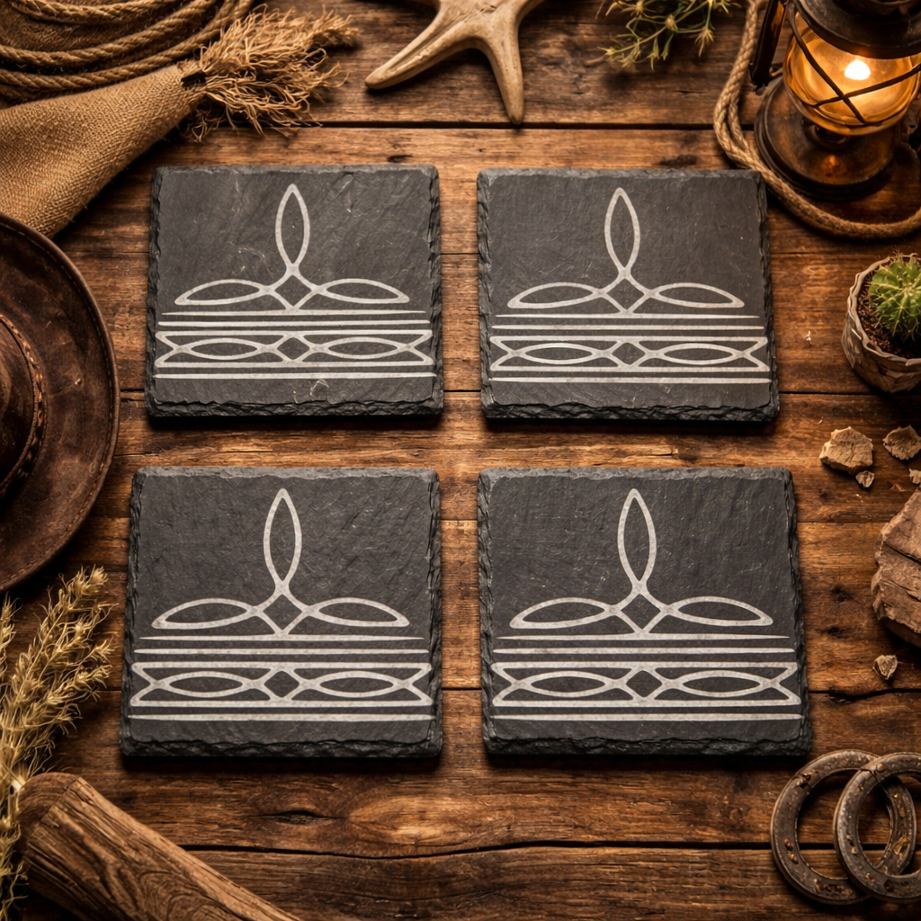 Boot Stitch Engraved Slate Coasters | Rustic Western Drinkware