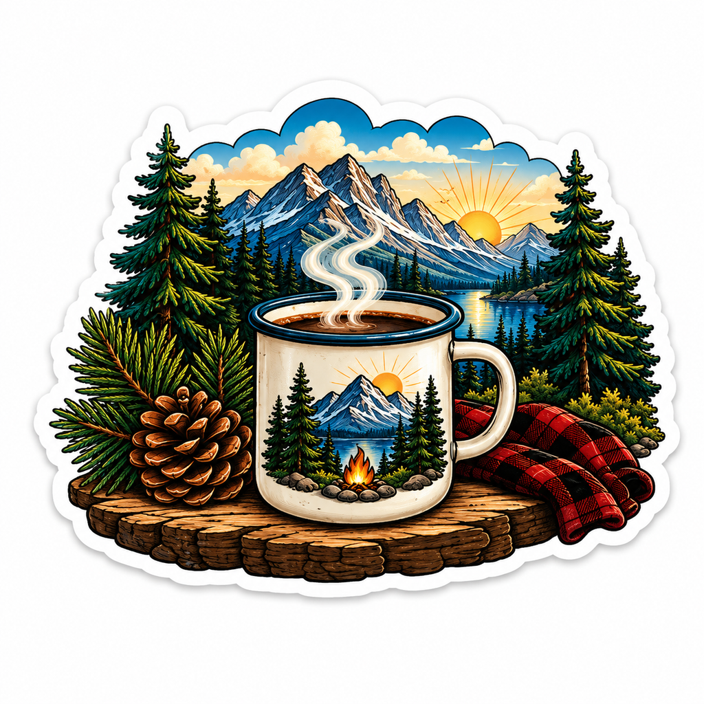 Mountain Coffee Sticker | Camping & Adventure Vinyl Decal