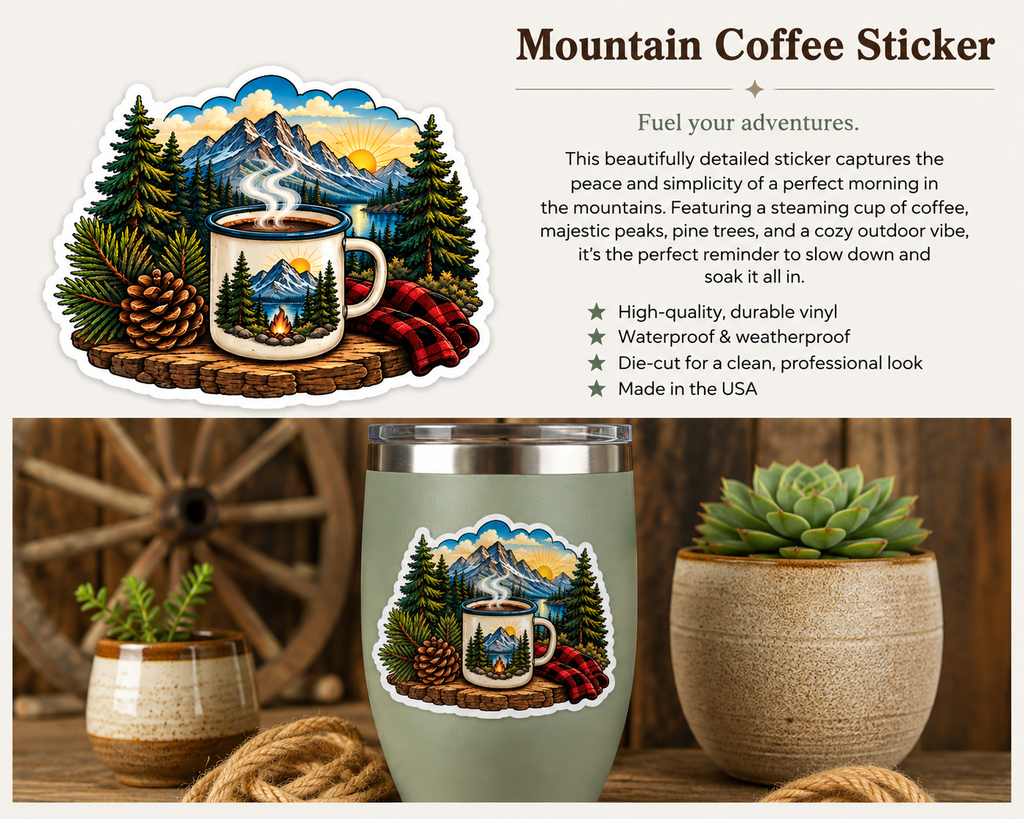 Mountain Coffee Sticker | Camping & Adventure Vinyl Decal
