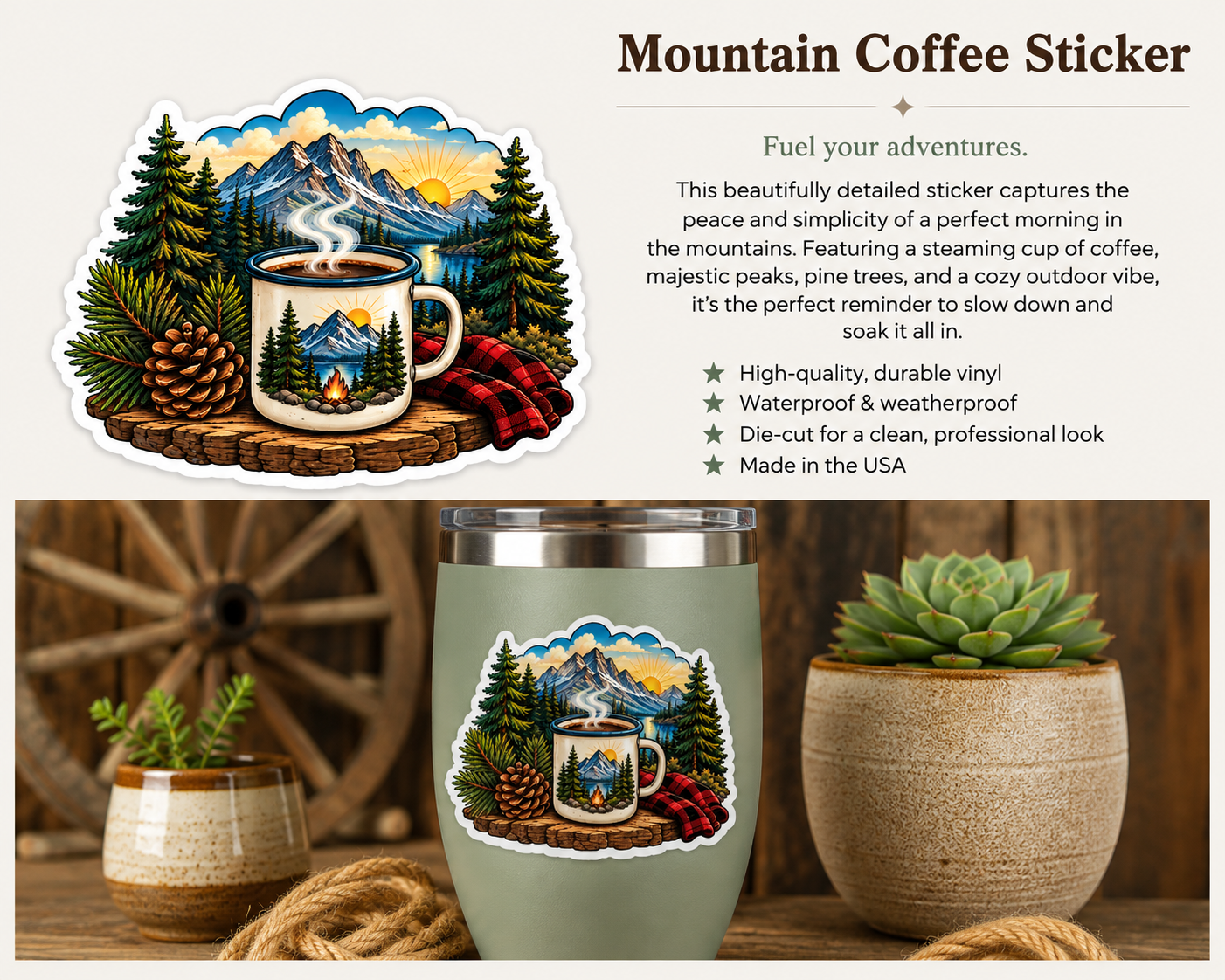 Mountain Coffee Sticker | Camping & Adventure Vinyl Decal