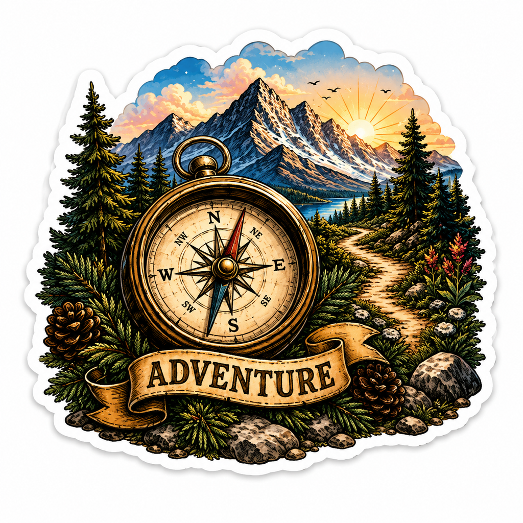 Adventure Compass Sticker | Mountain Adventure Vinyl Decal