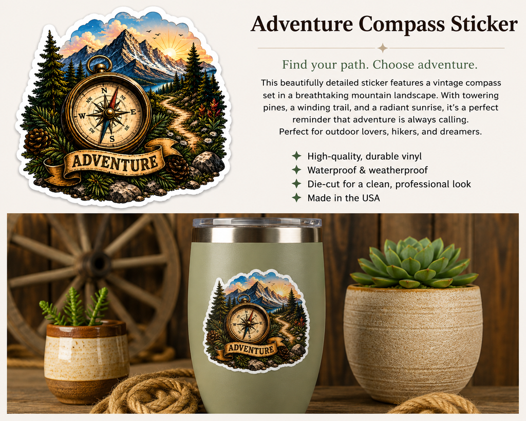 Adventure Compass Sticker | Mountain Adventure Vinyl Decal