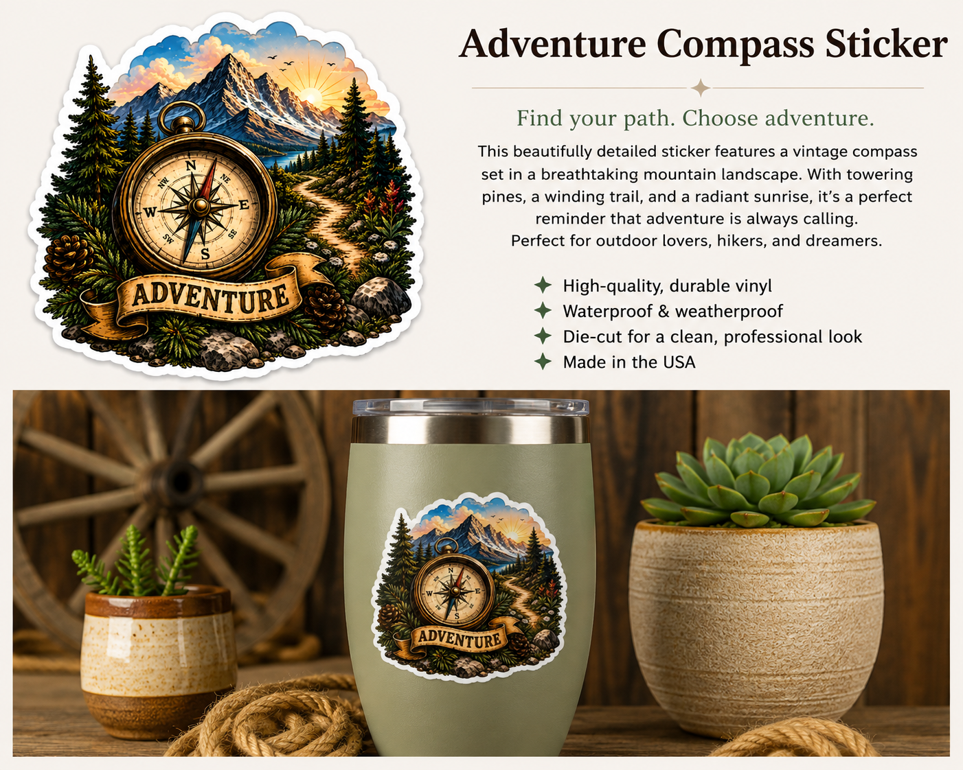 Adventure Compass Sticker | Mountain Adventure Vinyl Decal