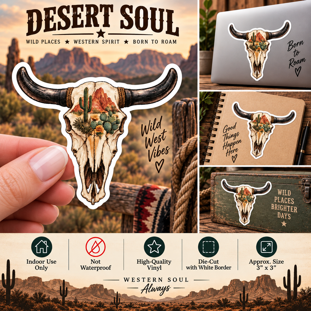 Cow Skull & Cactus Sticker | Western Southwestern Vinyl Decal