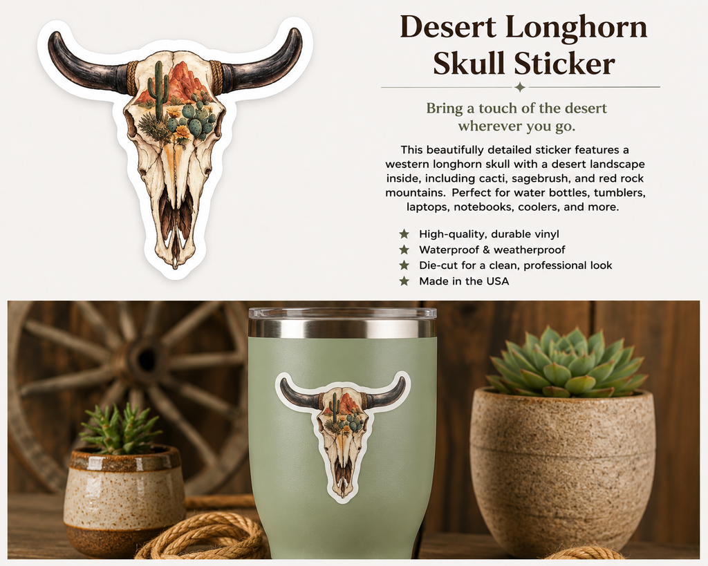 Cow Skull & Cactus Sticker | Western Southwestern Vinyl Decal