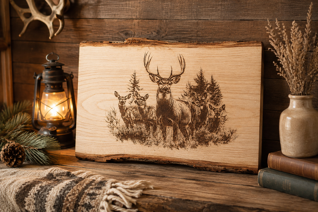 Deer Family Engraved Wood Plank | Rustic Wildlife Wall Art