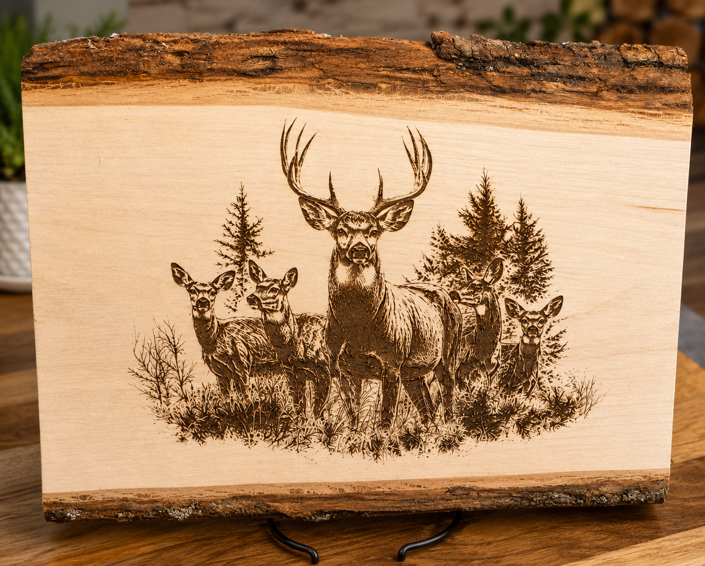 Deer Family Engraved Wood Plank | Rustic Wildlife Wall Art