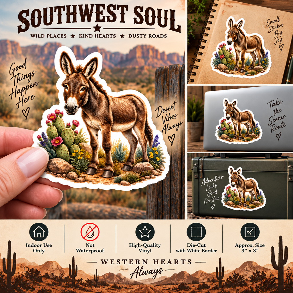 Desert Donkey Sticker | Western Donkey & Cactus Vinyl Decal