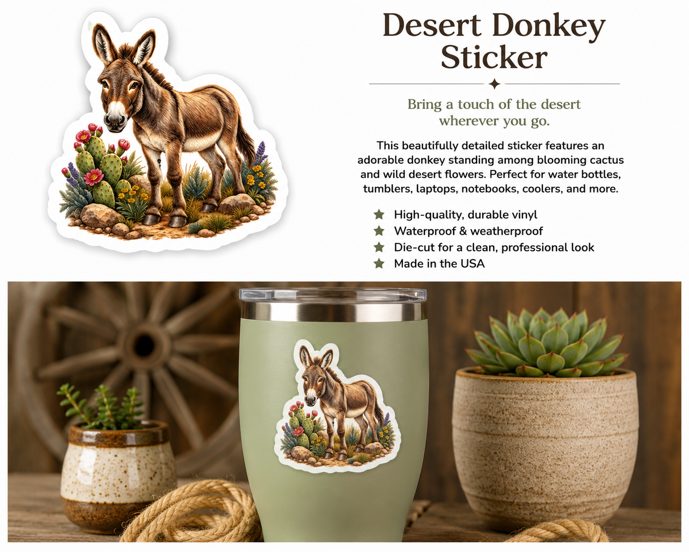 Desert Donkey Sticker | Western Donkey & Cactus Vinyl Decal