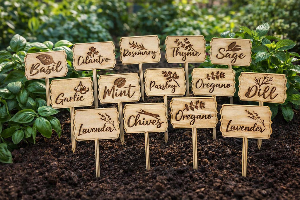 Set of 15 Wooden Herb Garden Markers | Engraved Plant Labels & Garden Stakes