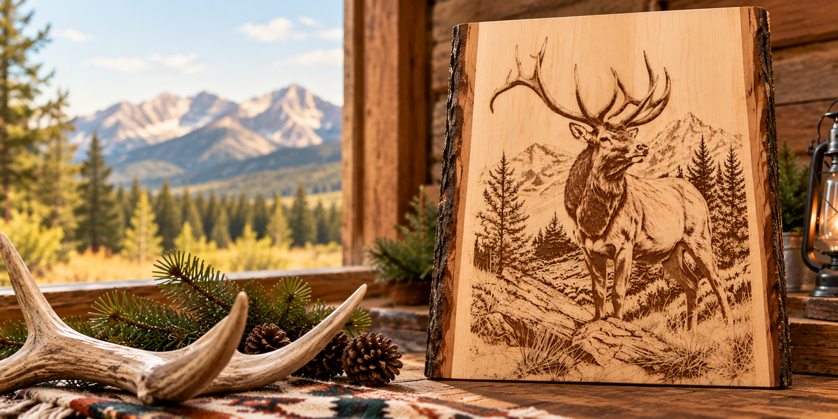 A rectangular wooden sign with a natural bark edge, featuring a detailed laser-engraved illustration of a stag in a mountain landscape. The sign is displayed on a rustic wooden table next to antlers, pine branches, and a lantern, with a scenic mountain valley in the background.