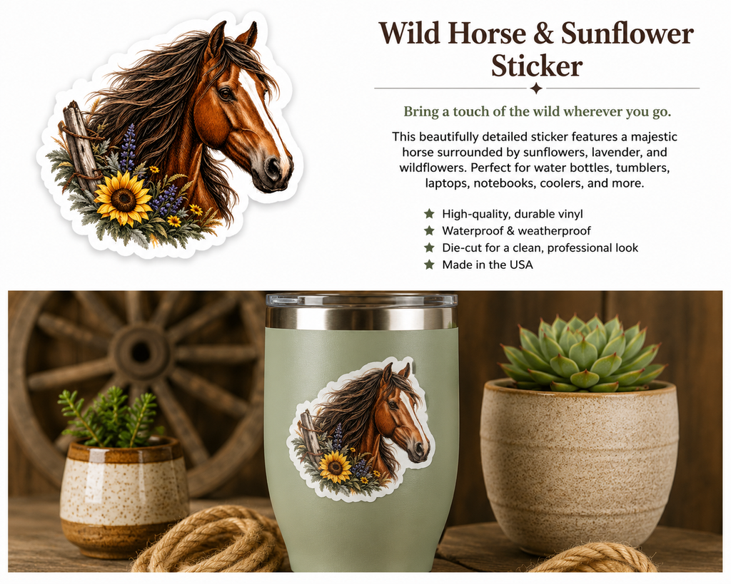 Wild Horse & Sunflower Sticker | Western Horse Vinyl Decal