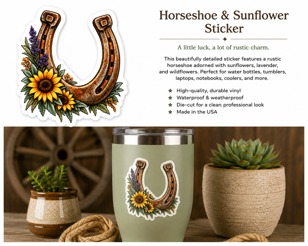 Horseshoe & Sunflower Sticker | Western Lucky Horseshoe Vinyl Decal
