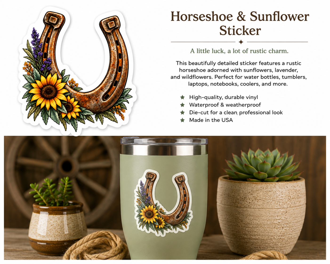 Horseshoe & Sunflower Sticker | Western Lucky Horseshoe Vinyl Decal