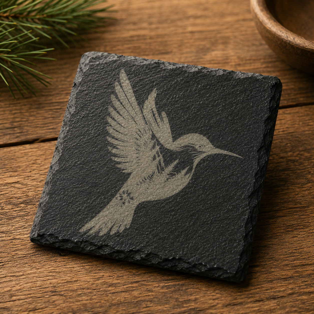 Hummingbird Engraved Slate Coaster | Rustic Nature Drinkware