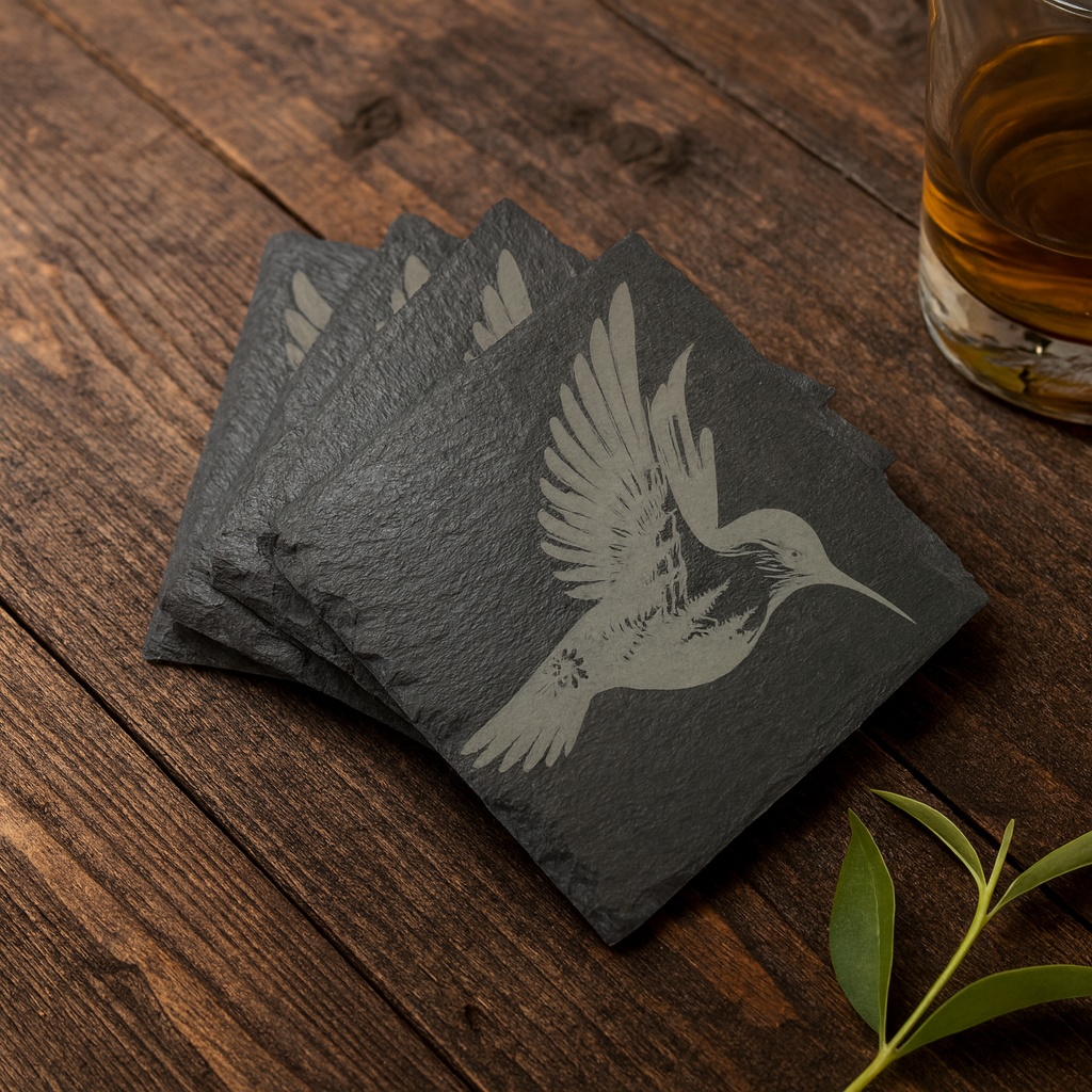 Hummingbird Engraved Slate Coaster | Rustic Nature Drinkware